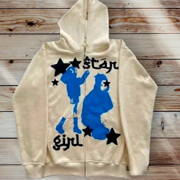 PHOLOH Brand - Star Girl - Cream White Fleece Hoodie - Size Large